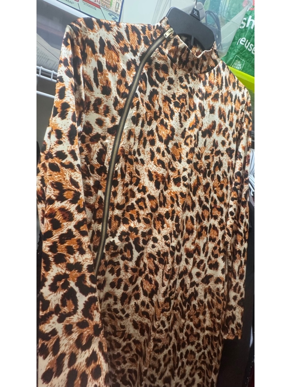 Leopard Print Dress XL Long Sleeve Zip Front Mock Neck Animal Print
